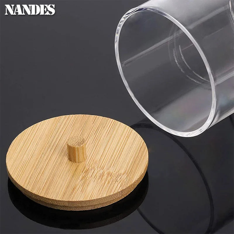 Acrylic Storage Box Bathroom Jar Makeup Organizer Cotton Round Pad Holder Cotton Holder Dispenser with Bamboo Lid Clear Plastic