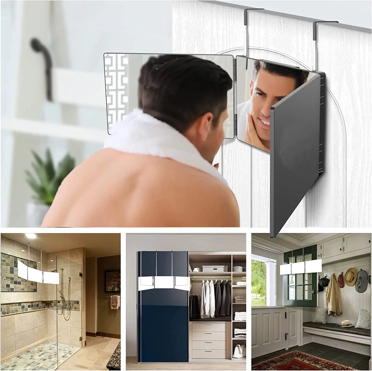 S Travel Portable 360 Trifold Vanity Makeup Mirror with Height Adjustable Telescoping Hook for Hair Self Cutting Fordable Mirror