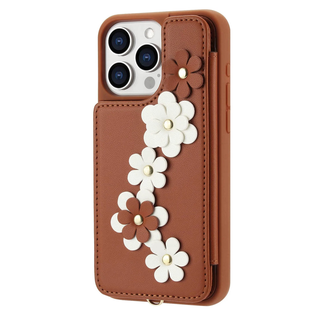 For iPhone 16 15 14 Pro Max Plus Case, Wallet with Card Holder, Cute Flower Design Crossbody Purse, Magnetic Kickstand Cover