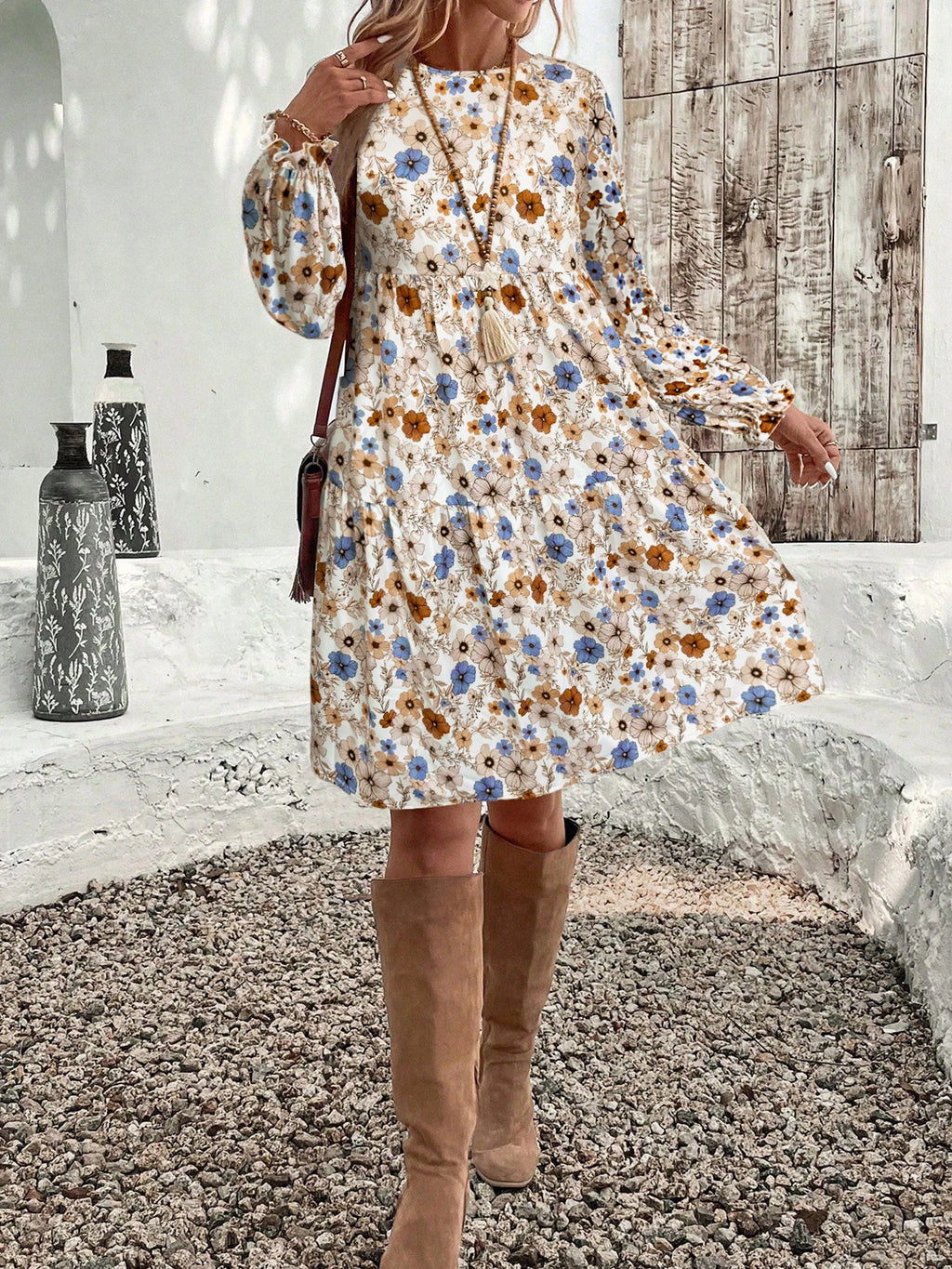 Women's Floral Print Tie Neck Flounce Sleeve Dress, Elegant Fashion Casual Dress for Daily Outdoor Wear, Women Dress for Spring