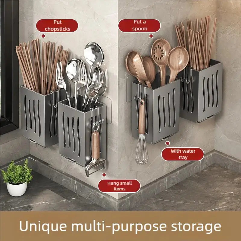 Kitchen Wall Mounted Shelf Multifunctional Chopstick and Spoon Cylinder No Hole Installation Drainage Basket Tableware Storage