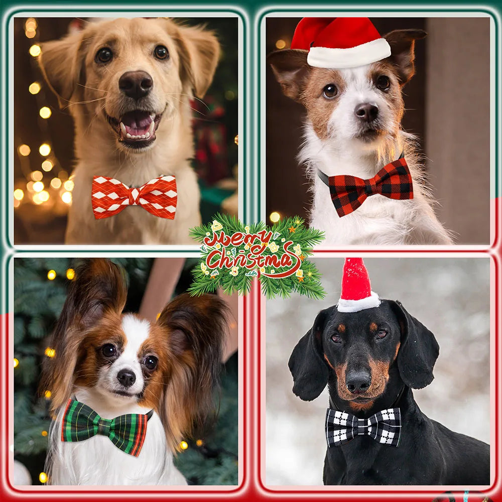 5PCS Christmas Classical Plaid Dog Bow Ties With Elastic Bands Movable Pet Dog Collars Dog Supplies Pet Grooming Accessories