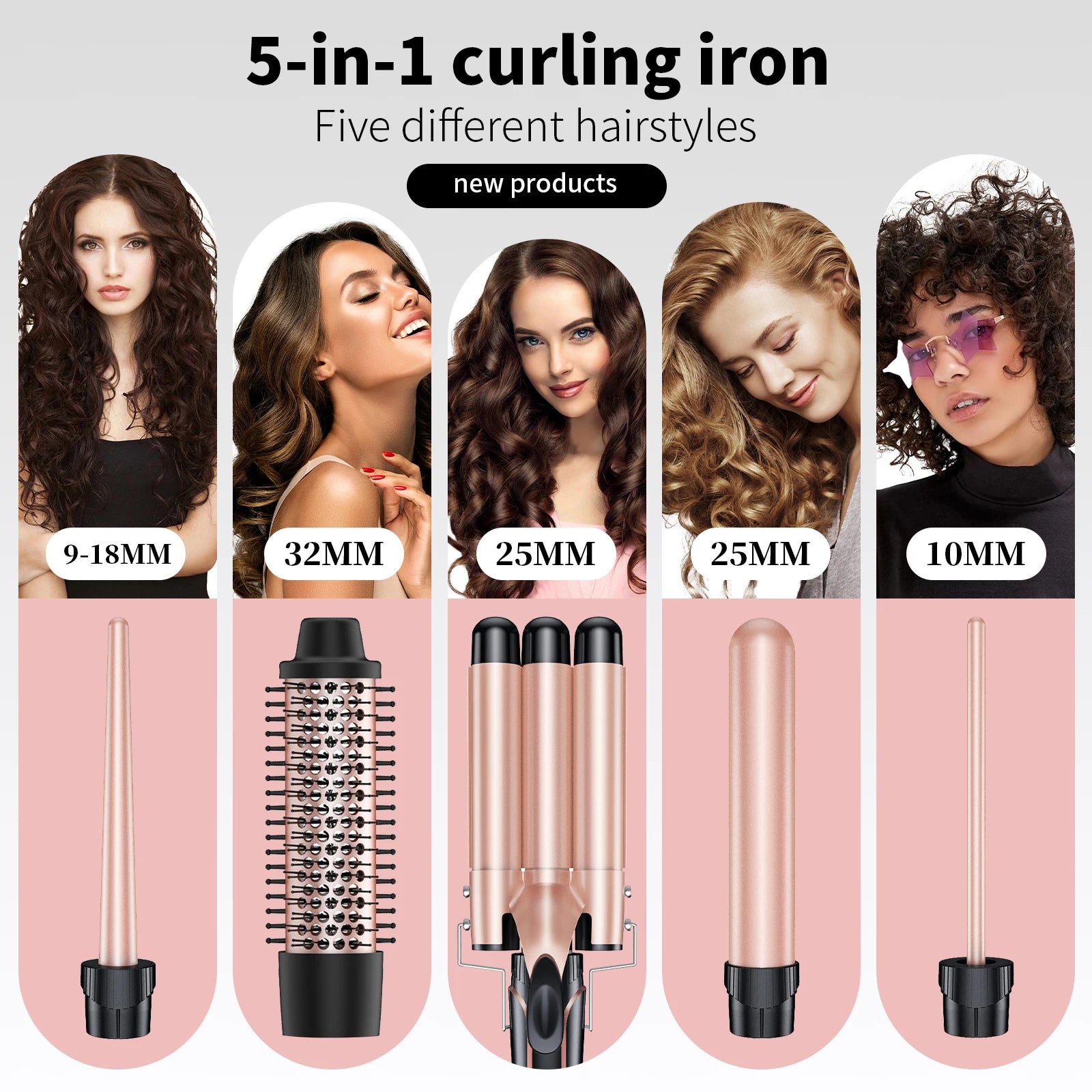 5 in 1 Hair Curlers Set with Curling Brush, 0.35”-1.25” Hair Curler Wand for Hairstyle and Heat Resistant Gloves and Hair Clip