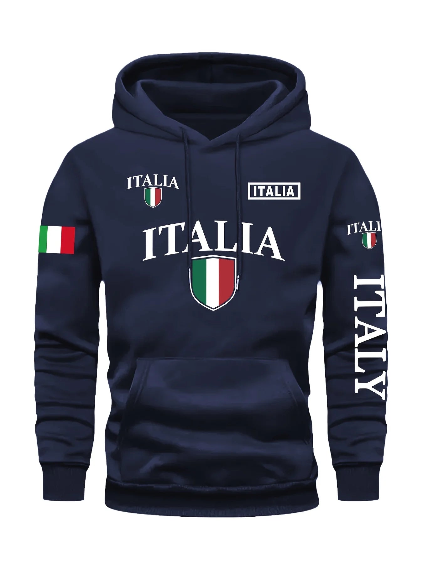 Men's Italy Flag Shield Bold ITALY Letter Print Hoodie Grey Casual Pullover Front Pocket Ribbed Cuffs Comfort Fit Urban Fashion