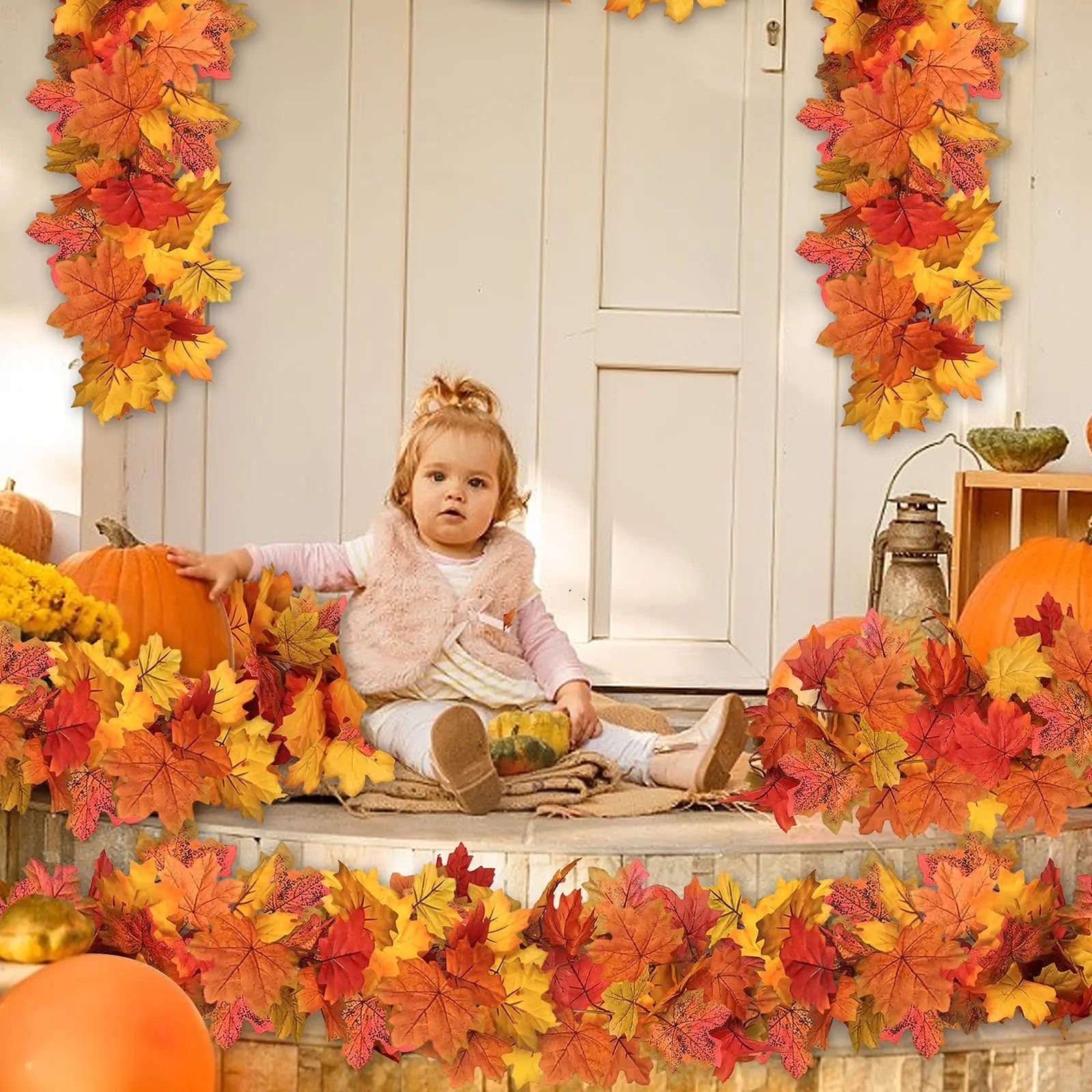 2M Artificial Maple Leaf Garland Autumn Leaves Fake Plant Vine for Fall Festival Wedding Halloween Thanksgiving Room Table Decor