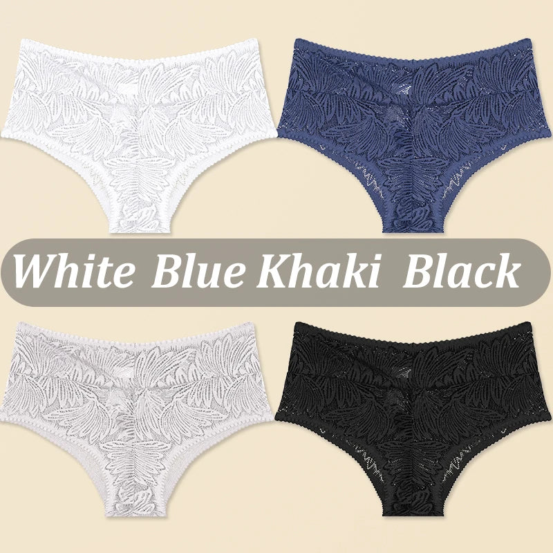 4PCS/Set Women Floral Lace Thongs Sexy Perspective G-String Mid Waist T-back Female Breathable Intimates Brazilian Underwears