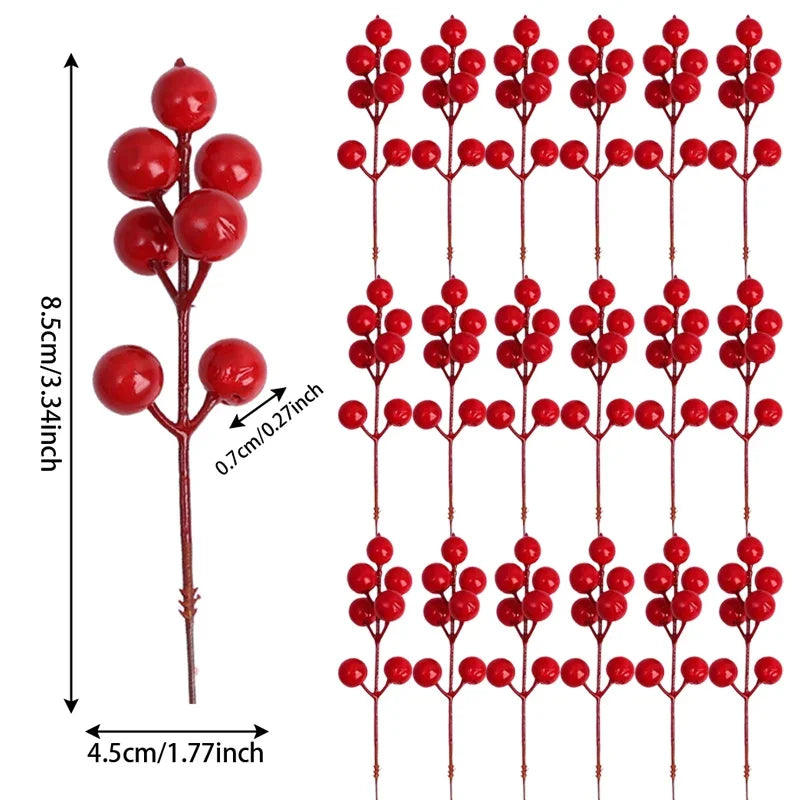 100/1pc Artificial Red Berry Stems Christmas Tree Holly Berries Branches DIY Xmas Wreath Table Ornaments New Year Party Decor