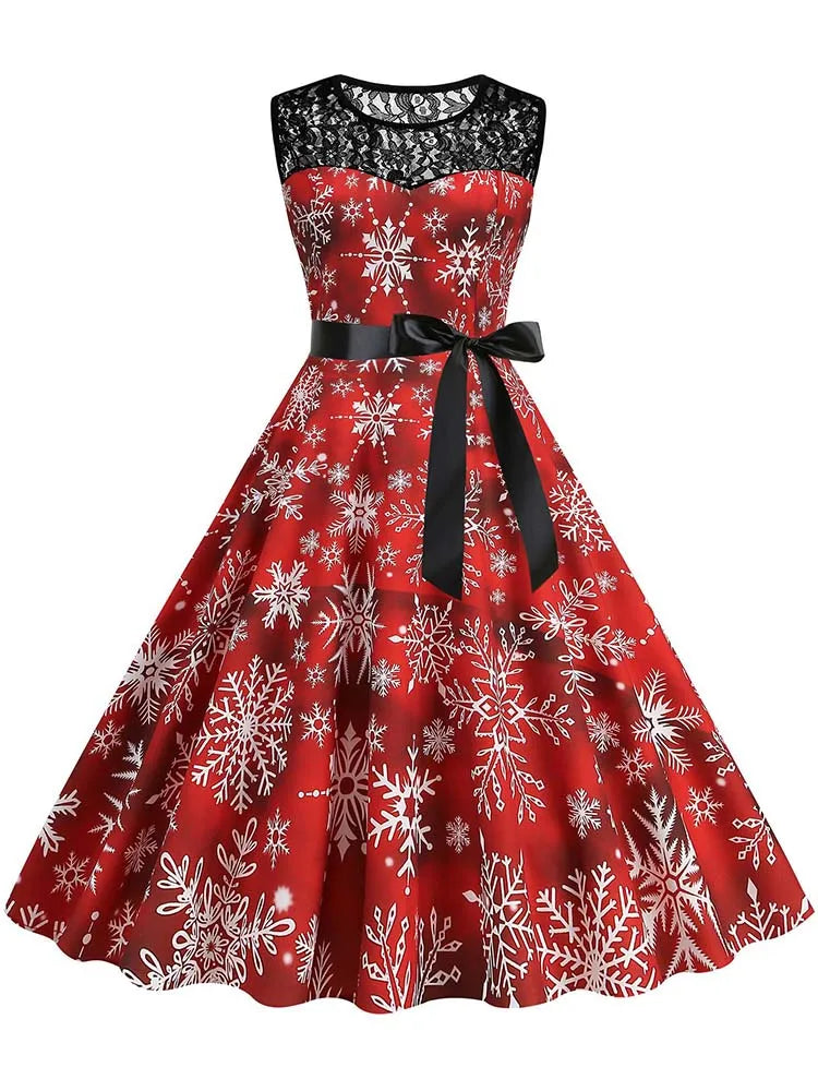 Christmas Dress Women Vintage 50s Lace Sleeveless Print Party A Line Santa Claus Sundress Runway Midi Pinup Flare Dresses