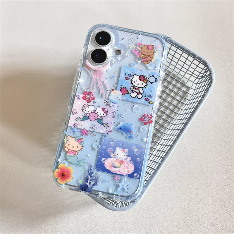 Korean Blue Ocean Hello Kitty Pattern Beach Phone Case For iPhone 11 12 13 14 15 16 Pro Max XS XR X 7 8 Plus Silicone Soft Cover