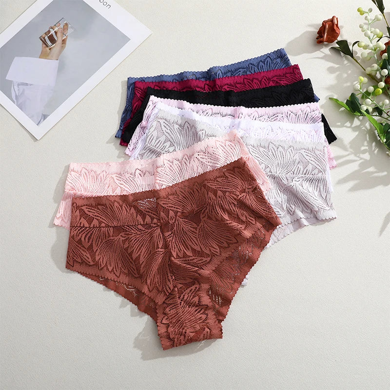 4PCS/Set Women Floral Lace Thongs Sexy Perspective G-String Mid Waist T-back Female Breathable Intimates Brazilian Underwears