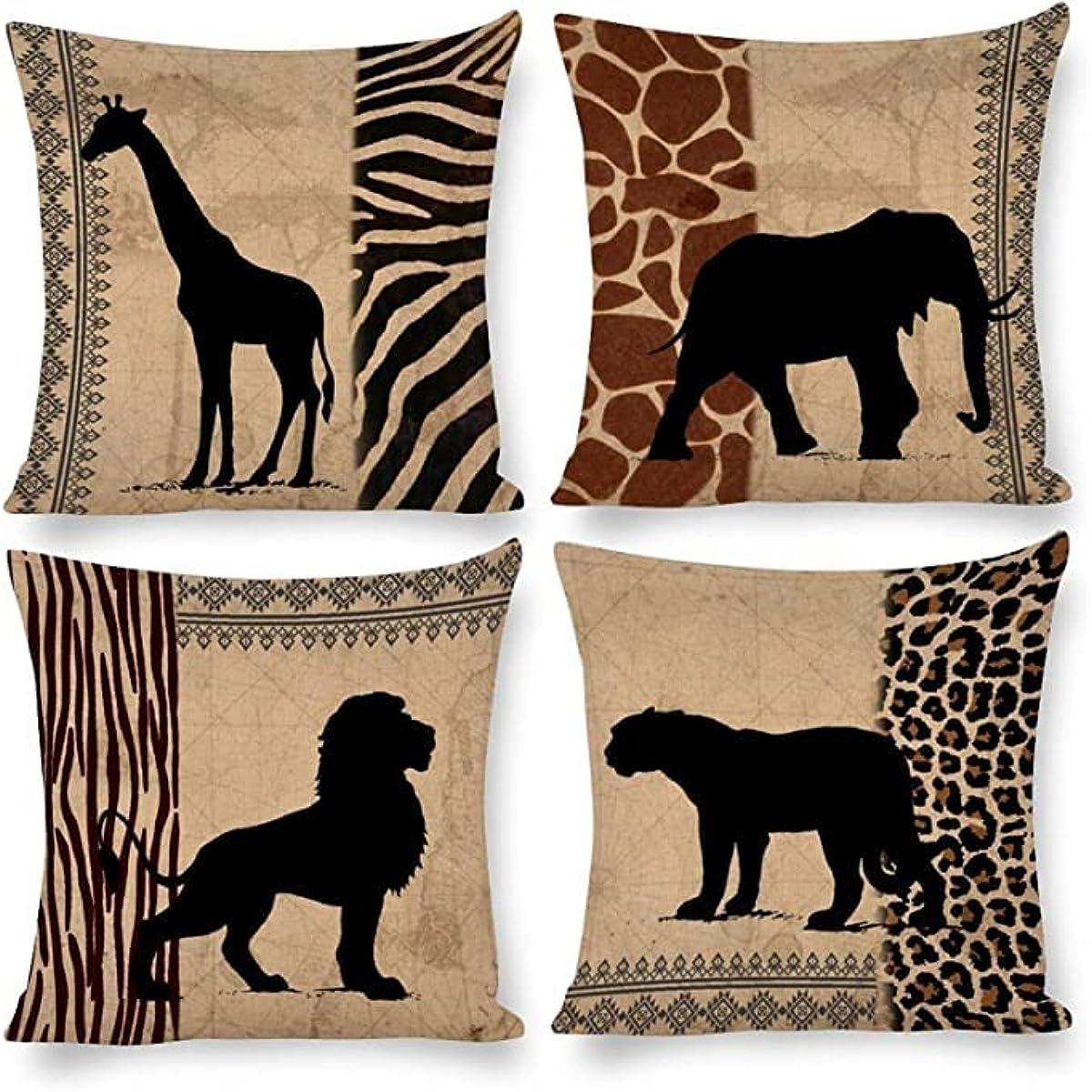 African Animal Outdoor Decorative Pillowcase 40*40cm Zebra Print and Leopard Print Linen Square Pad Set for Living Room Sofa