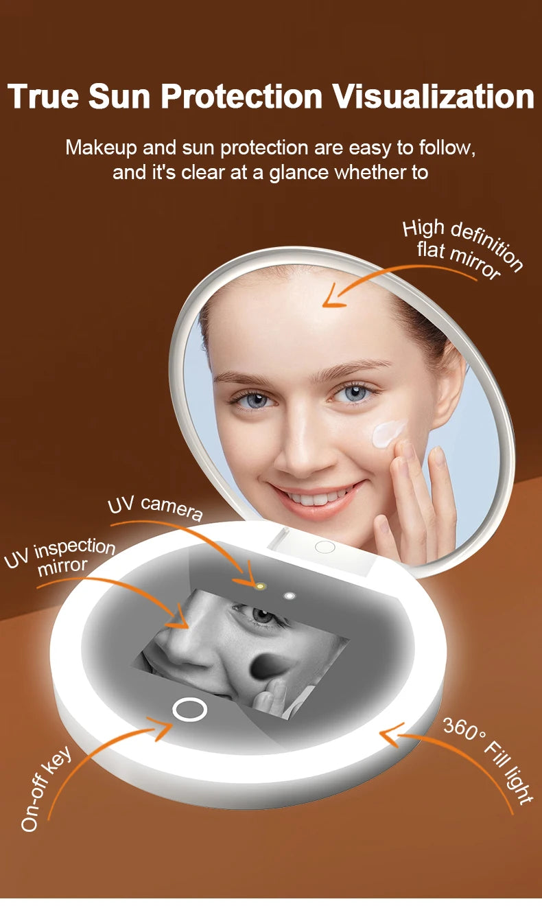Portable 2.4-Inch Handheld LED Makeup Mirror Intelligent UV Resistant Sunscreen Mirror for Travel
