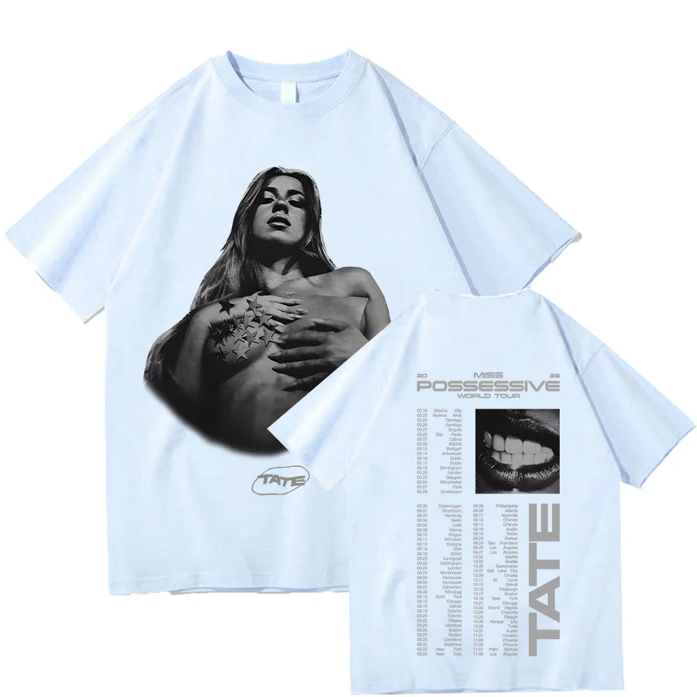 Tate McRae Pose Tour Tee Vintage Graphic T Shirts Miss Possessive 2025 Album Men Women Cotton T-shirt Harajuku Aesthetic Clothes