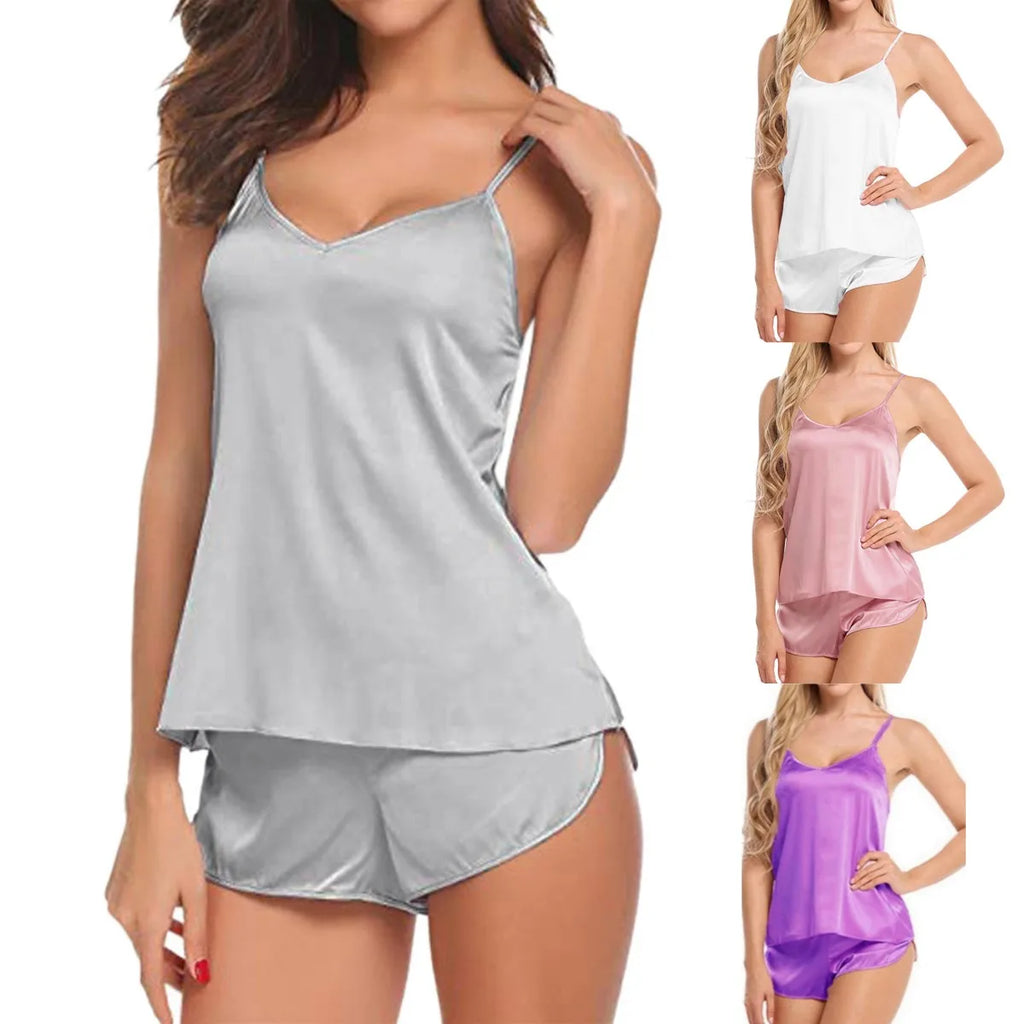 New Women Pajamas Lingerie Set Satin Silk Camisole Shorts Sets 2 Pieces Sleepwear Top And Shorts Nightwear Suits Sleeveless Tops