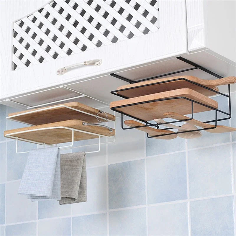 Cutting Board Kitchen Shelf, Double-Layer Perforation-Free Cabinet Hanger, Rag, Cutting Board Storage And Finishing Iron Hanger