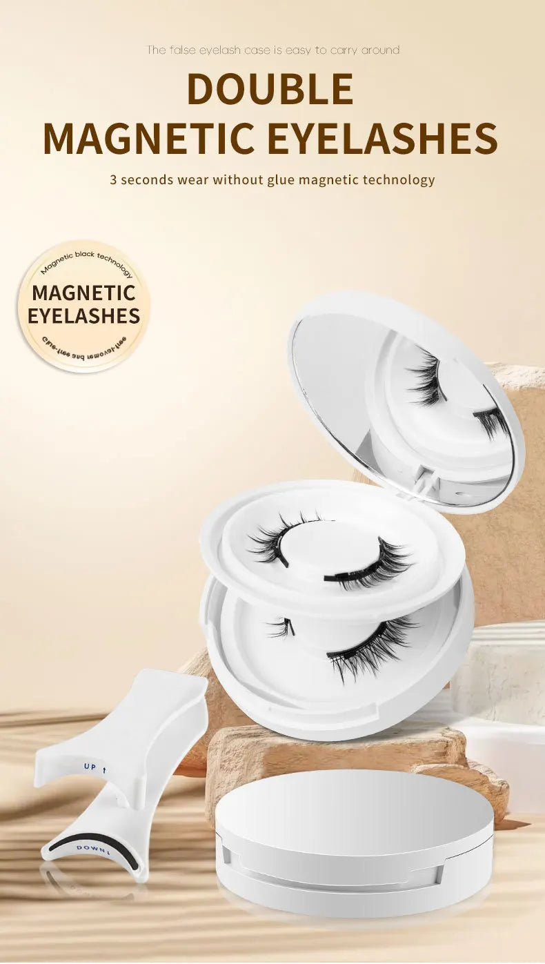 2pairs Magnetic False Eyelashes New Style Glue-Free Mink False Eyelashes Natural Nude Makeup With Mirror Reusable Beauty
