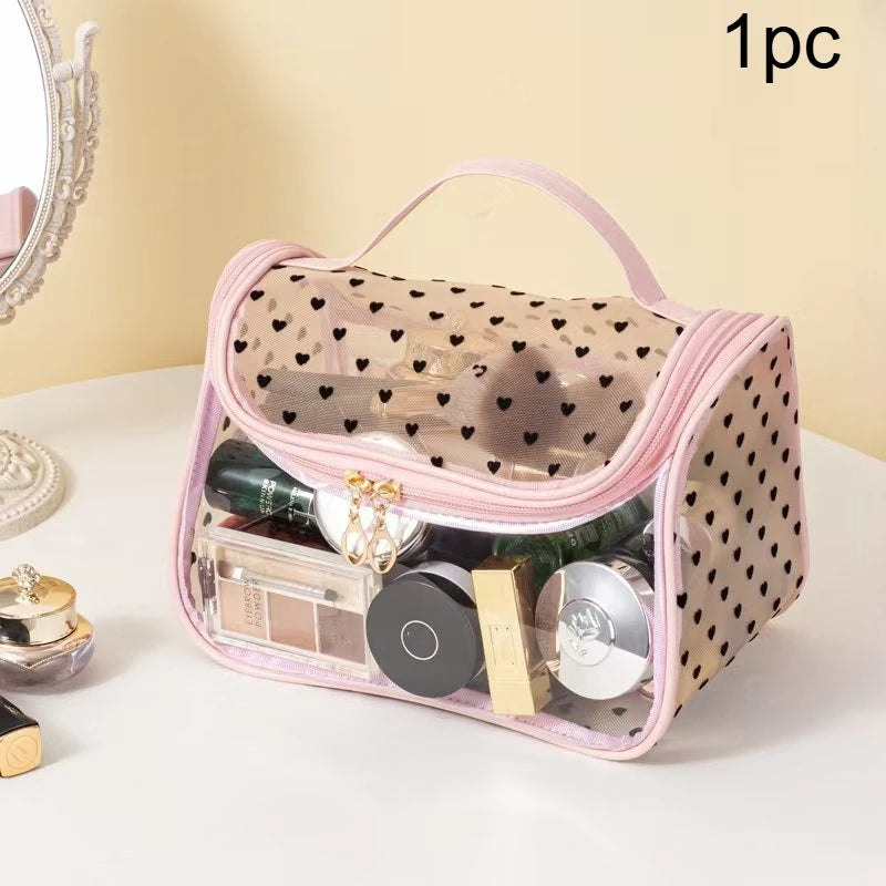 1pc Large Capacity Heart Mesh Makeup Bag Frosted Transparent Cosmetic Toiletry Organizer Travel Pouch for Office Home or Daily