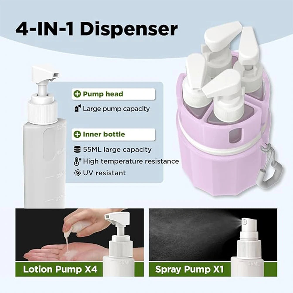 4in1 Travel Dispenser Bottles with Suction Cup, Travel Size Toiletries, Leak Proof Travel Containers for Toiletries