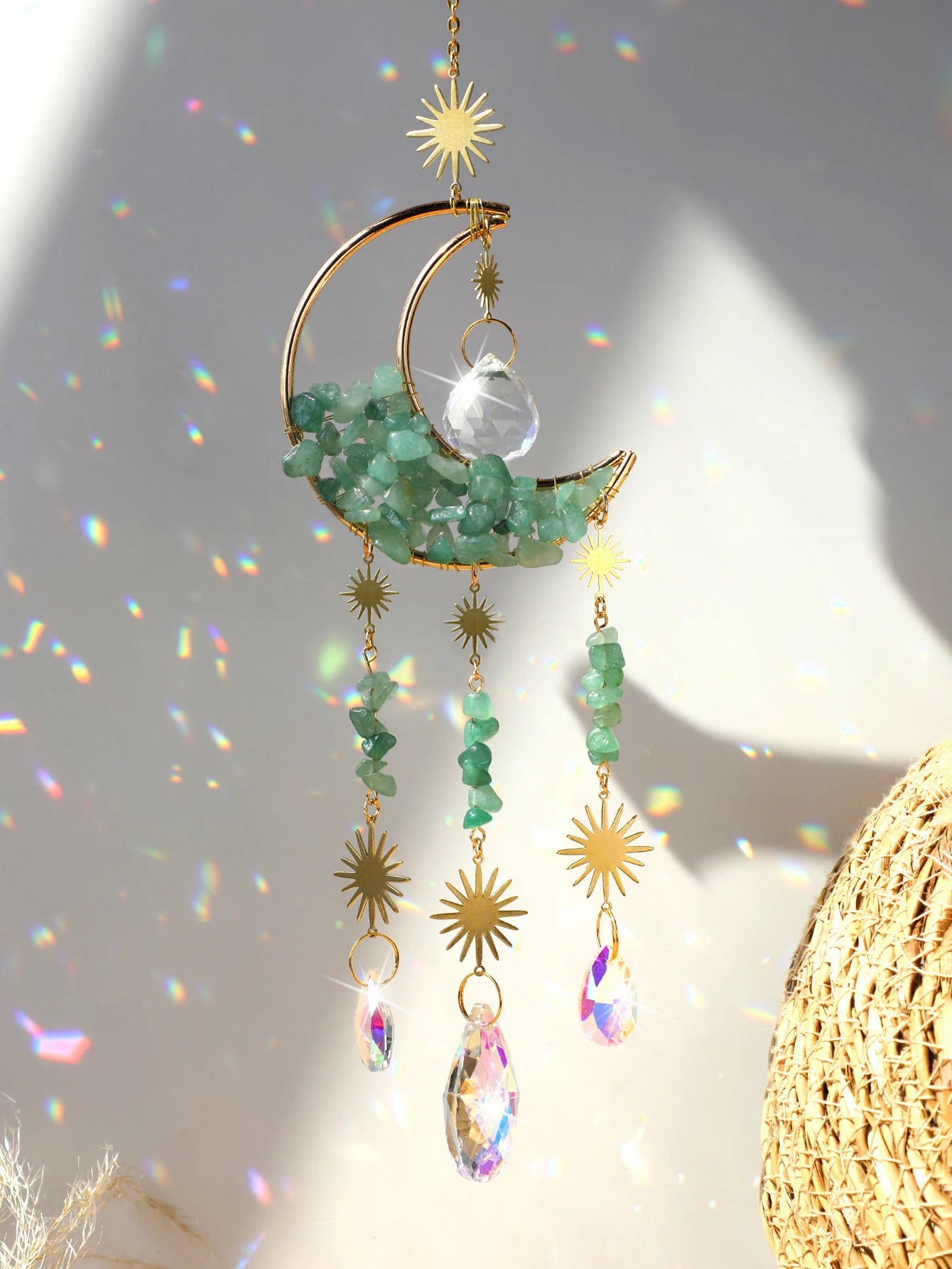 Natural Moon Crystal Suncatcher Ornament With Colorful Prism Pendant For Garden Patio Porch Balcony Window Home Decoration Gift
