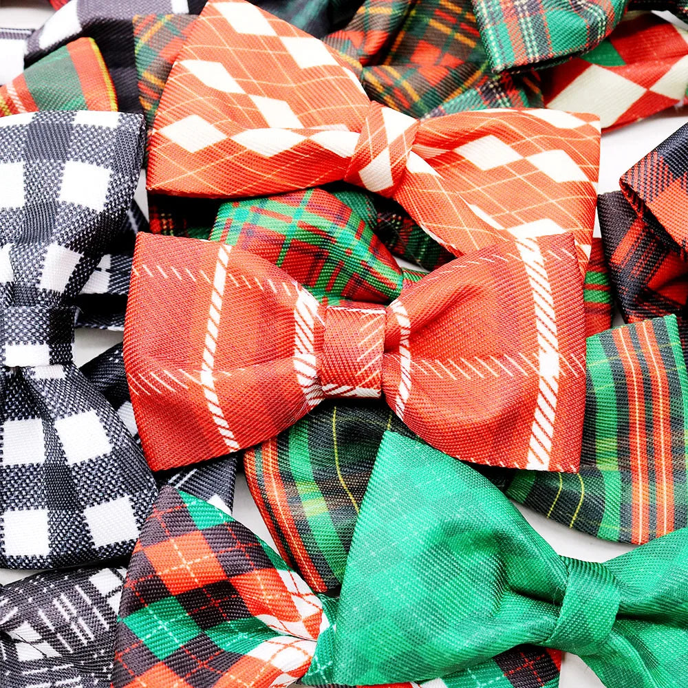 5PCS Christmas Classical Plaid Dog Bow Ties With Elastic Bands Movable Pet Dog Collars Dog Supplies Pet Grooming Accessories