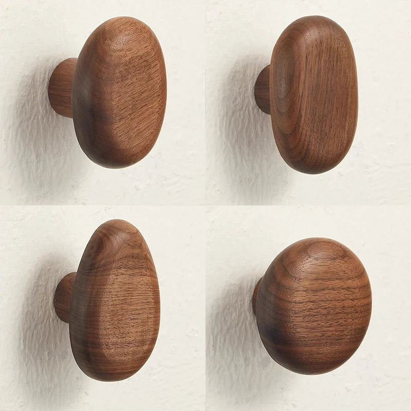 Nordic Creative Solid Wood Pebble-shaped Cabinet Door Drawer Handle Walnut Wall Mounted Coat Hooks Home Bag Key Decoration Hook