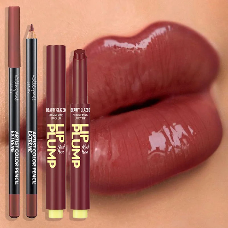 2 Pcs/Set Lip Combo Set Lipstick + Lip Liner Long Lasting Waterproof Easy To Apply Lipstick Set Glossy Lipstick Lip Makeup