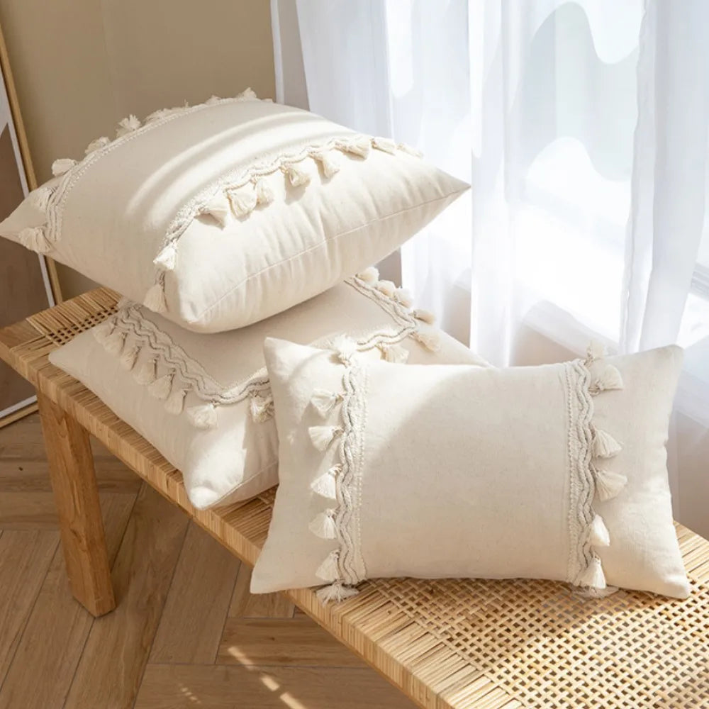 30x50cm 45x45cm Tassel White Throw Pillow Cover Cotton Linen Farmhouse Lumbar Pillowcase Indoor Outdoor Decorative Cushion Cover