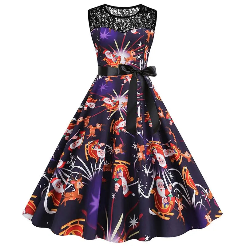 Christmas Dress Women Vintage 50s Lace Sleeveless Print Party A Line Santa Claus Sundress Runway Midi Pinup Flare Dresses