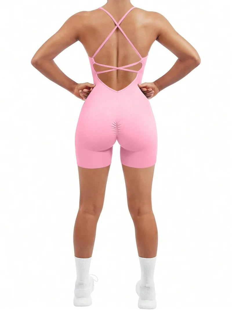 Sexy Fitness Jumpsuit Women Cross Adjustable Sports Playsuit Running One Piece Yoga Suit Scrunch Shorts Backless Set Romper