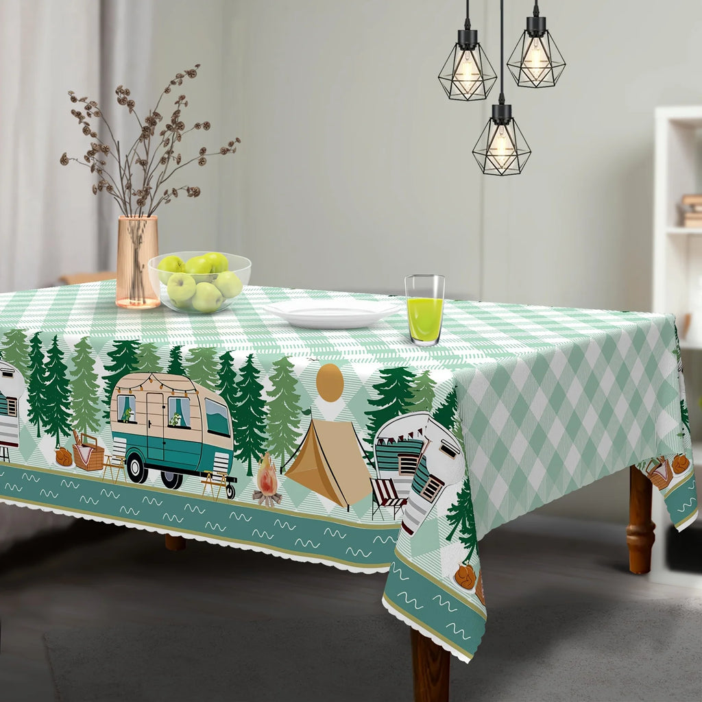 Green Checkered Trees Rectangle Tablecloth Holiday Home Party Decor Washable RV Campfire Table Cloths Outdoor Picnic Table Decor