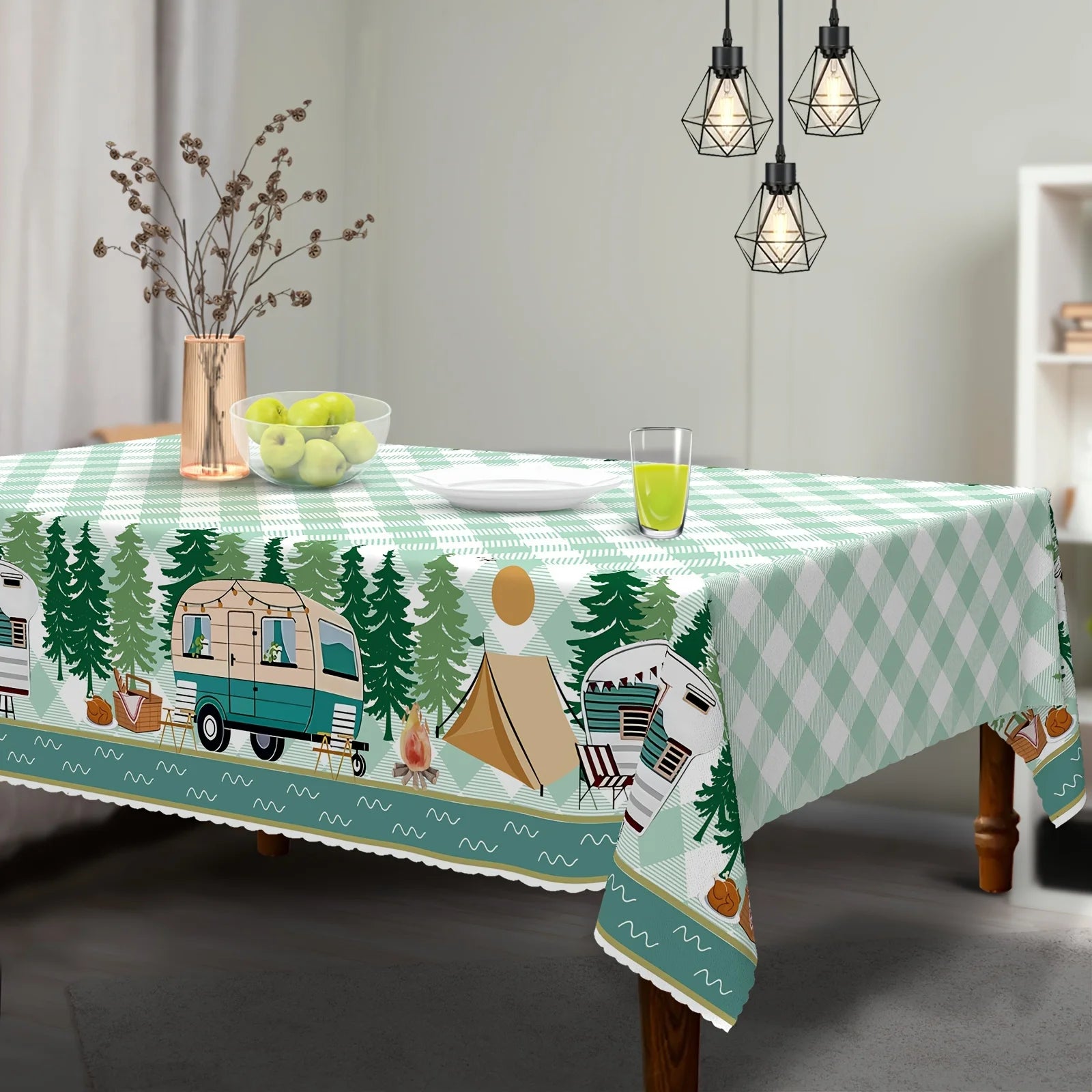 Green Checkered Trees Rectangle Tablecloth Holiday Home Party Decor Washable RV Campfire Table Cloths Outdoor Picnic Table Decor