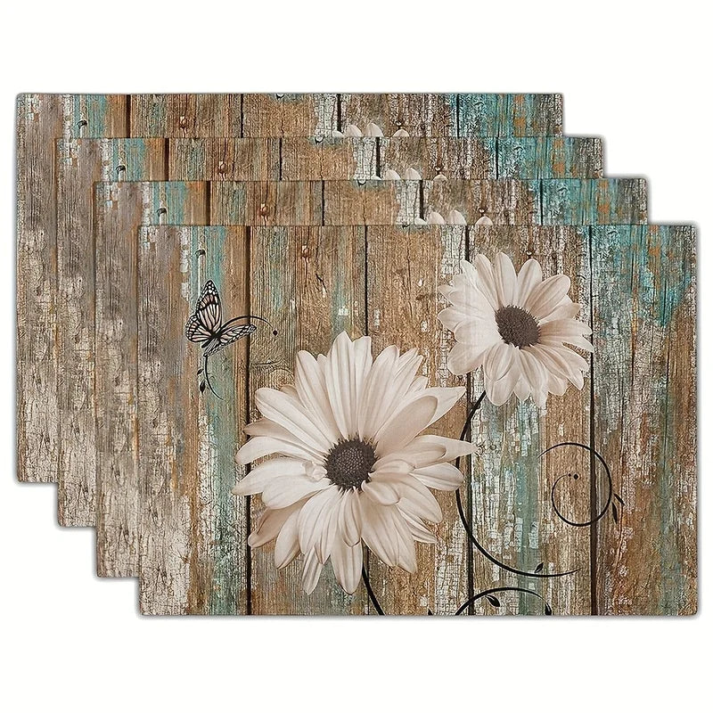 4pcs Placemats Summer Theme Floral Pattern Table Pad Set Colorful Printed Wooden Planks Table Mat For Indoor Dining Table Decor