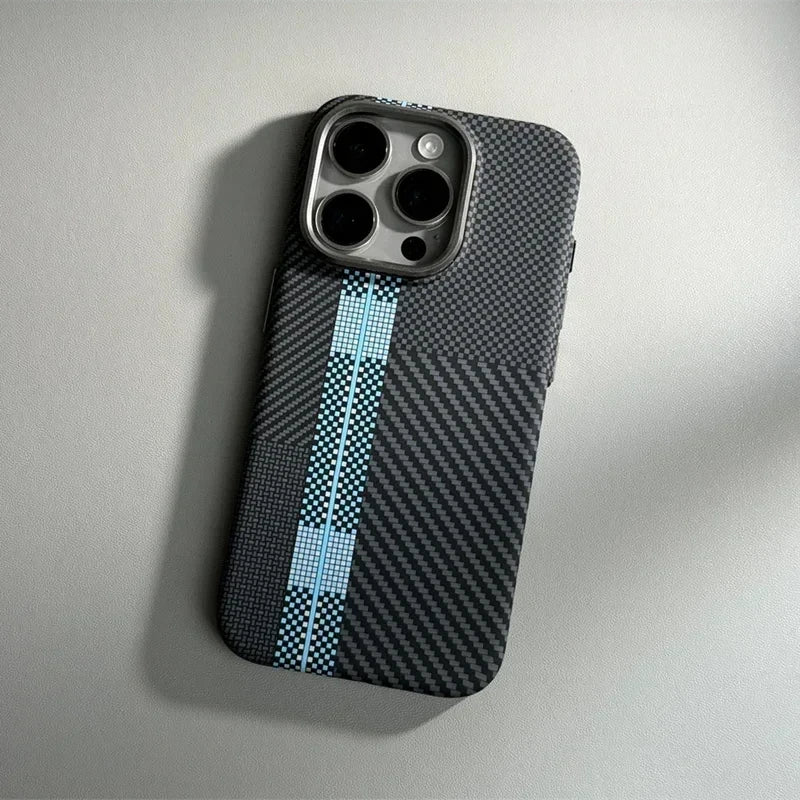 For iPhone 16 15 14 Pro Max Case Carbon Fiber Abstract Geometric MagSafe Cover Magnetic Charging Shell Camera Alloy Armor Fundas