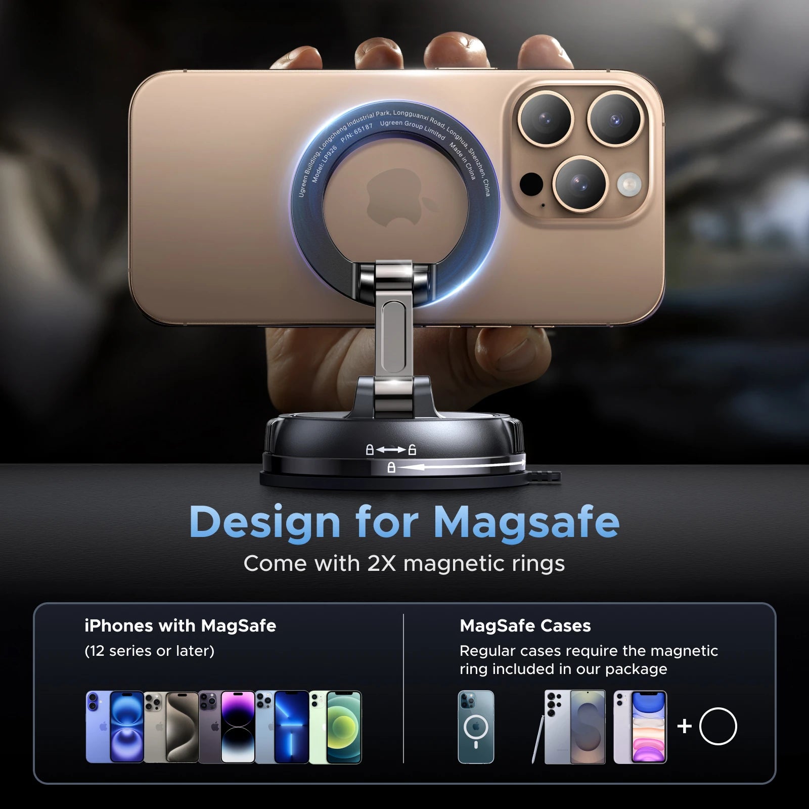 UGREEN Magnetic Car Phone Holder  360°Rotatable Dashboard Suction Cup Car Mount For Magsafe iPhone 16 15 14 ProMax Xiaomi Samsun