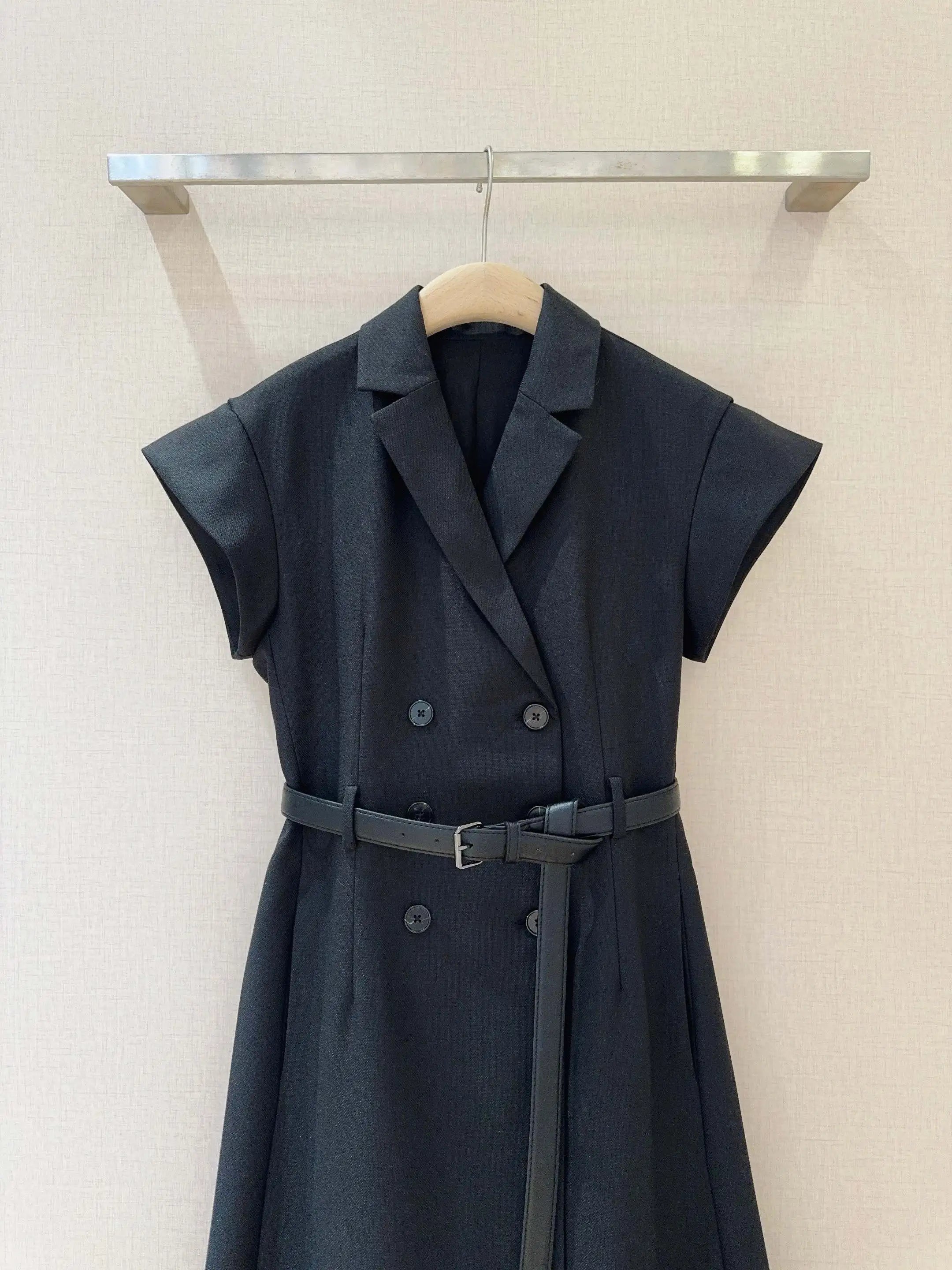JO-25 Autumn/Winter Elegant and Simple Solid Color Suit Dress, Double-Breasted Lapel Short-Sleeve Commuter Dress with Belt