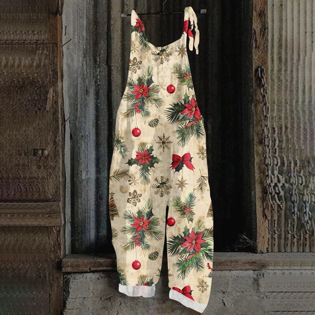 2025 Women's Fashion Christmas Printed Casual Loose Vintage Strappy Jumpsuit Retro Festival Pants New Year Themed Clothing
