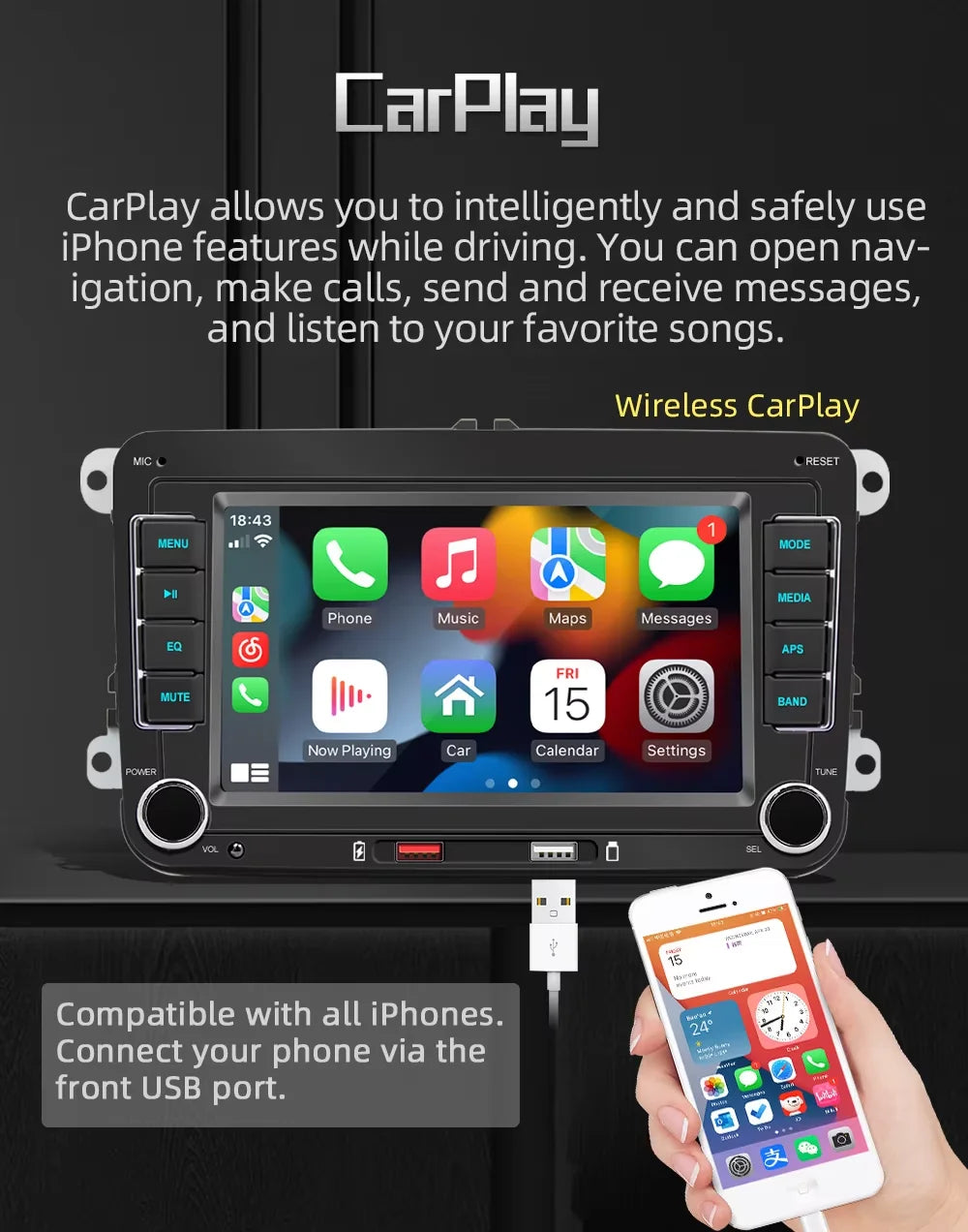 BQCC 7'' 2 DIN HD Car Media Video RDS Airplay Car Radio Wireless CarPlay Android Auto Stereo for VW/SEAT/Skoda/Passat/Golf/Polo