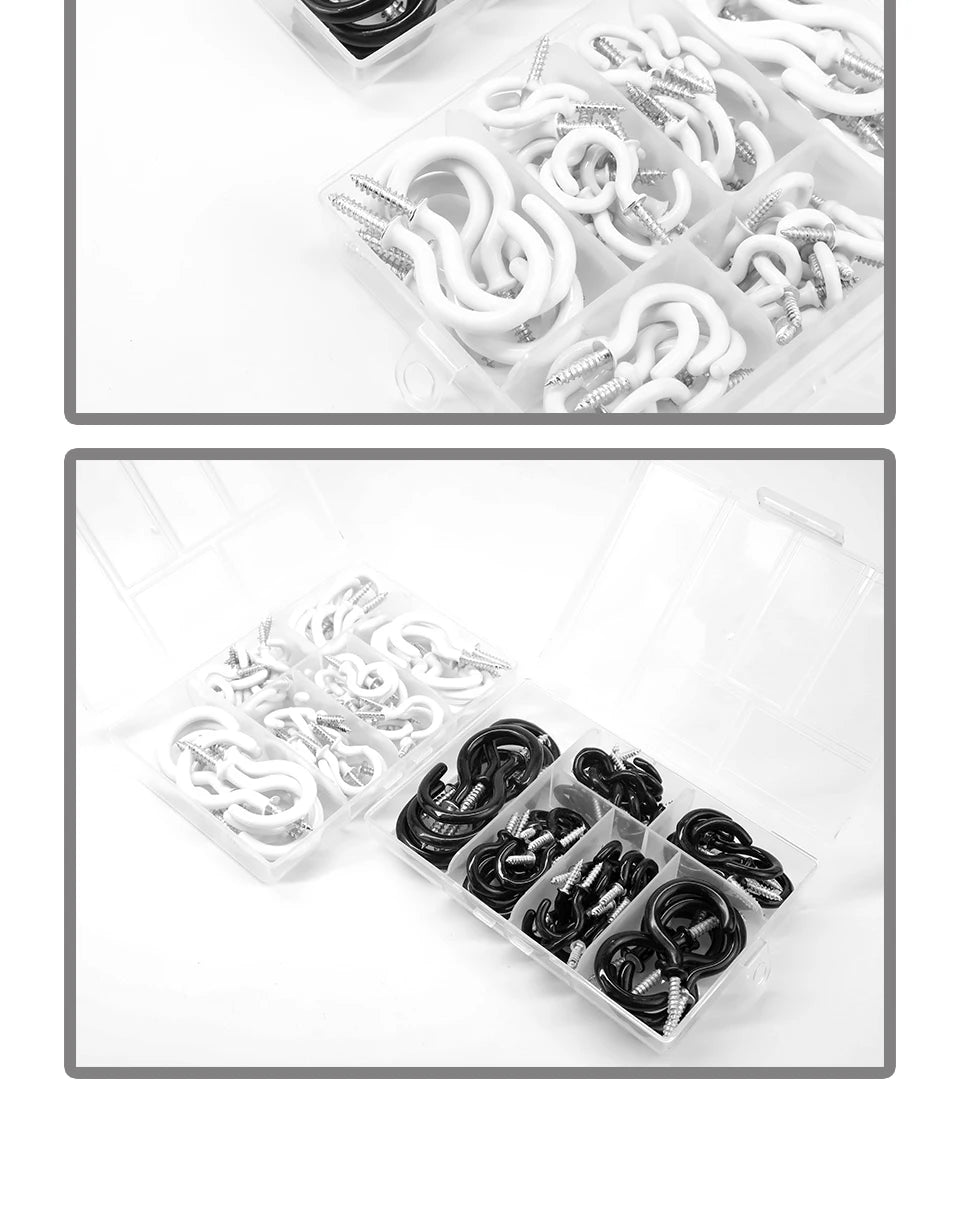 NINDEJIN 66pcs Screw hooks 3/4"-1-1/2" Black White Heavy Duty Screw in Hook Hanger Wood Wall Ceiling Hooks for Kitchen Shelf