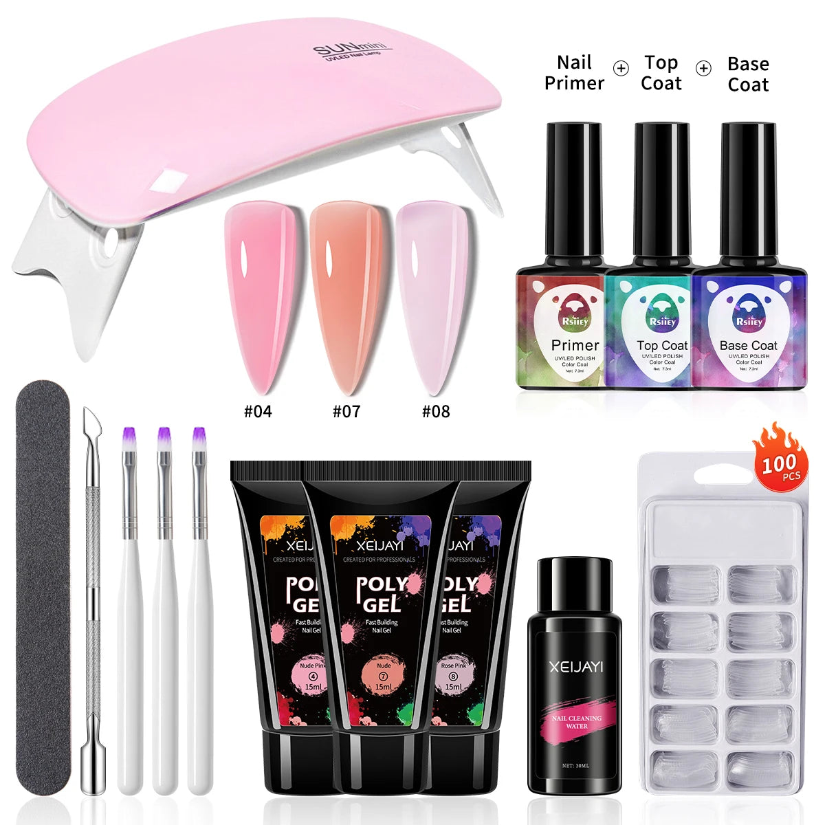 3pcs 15ml Poly Nail Gel Full Set For Extention Gel Polish Steal Push, Base And Top Coat, Cleaning Water And Nail Mold Kit Set