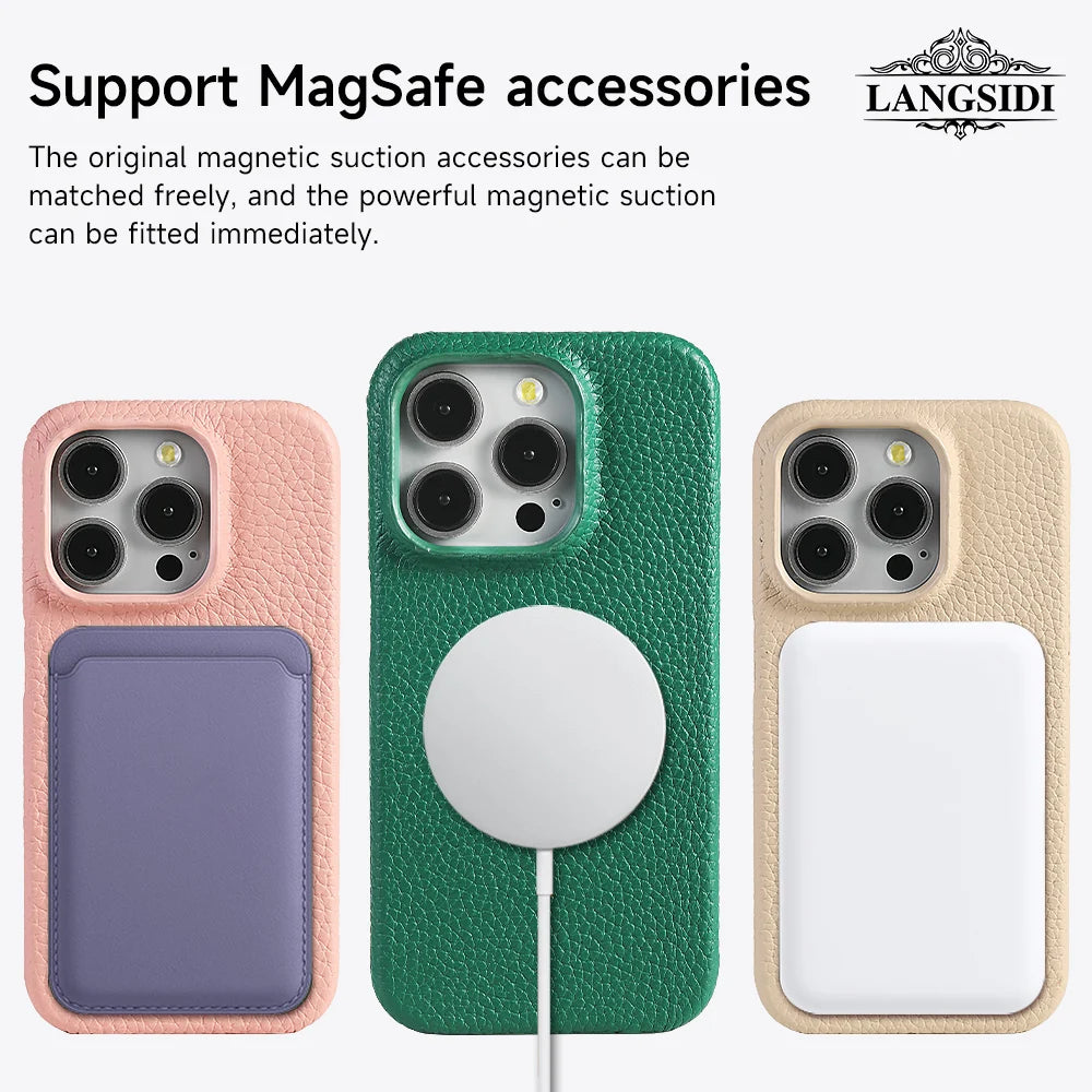 LANGSIDI Natural Cowhide Leather Magsafe Case for iPhone 16/15/Pro Max/Pro/Promax/15Pro/16Pro Luxury Magnetic Phone Back Cover