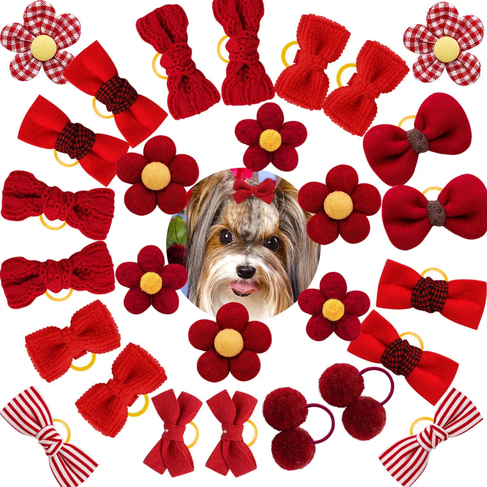 10PCS Dog Bows Cotton Red Series Pet Dogs Hair Bows for Rubber Bands Fashion Puppy Bow Grooming Accessories for Cat Dog Supplies