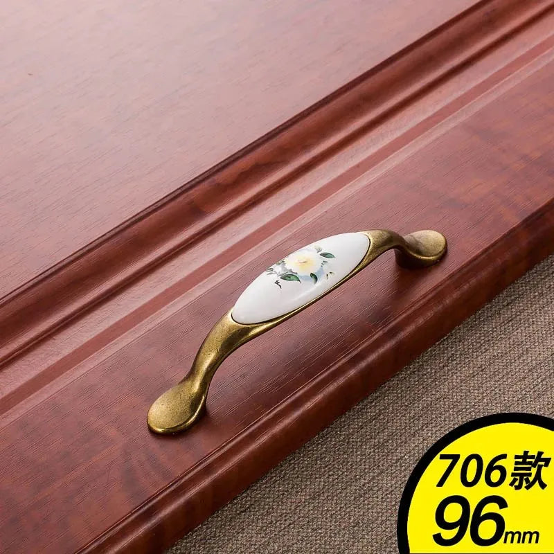 European Green Flower Ceramic Handles Kitchen Cabinet Storage Dressers Classic Wardrobe Cabinet Single Hole Closet Door Pulls