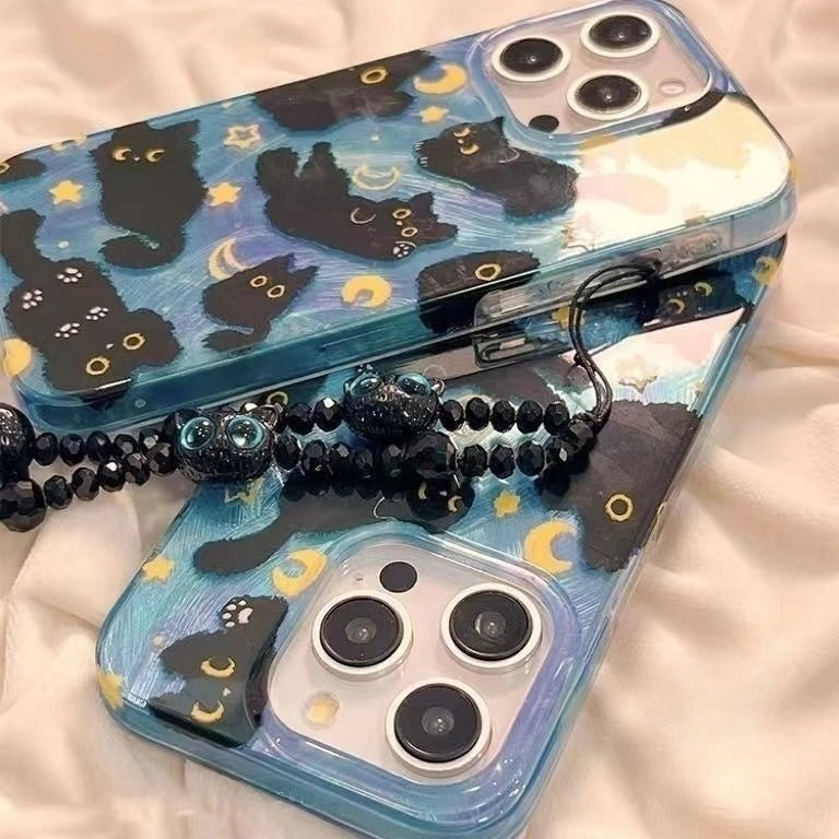 Cute Stars Moon Cat Case Compatible for IPhone 15 11 16 13 14 12 Pro Max 15 8 14 16 Plus XR X XS MAX SE 2020 Feather Yarn Cover