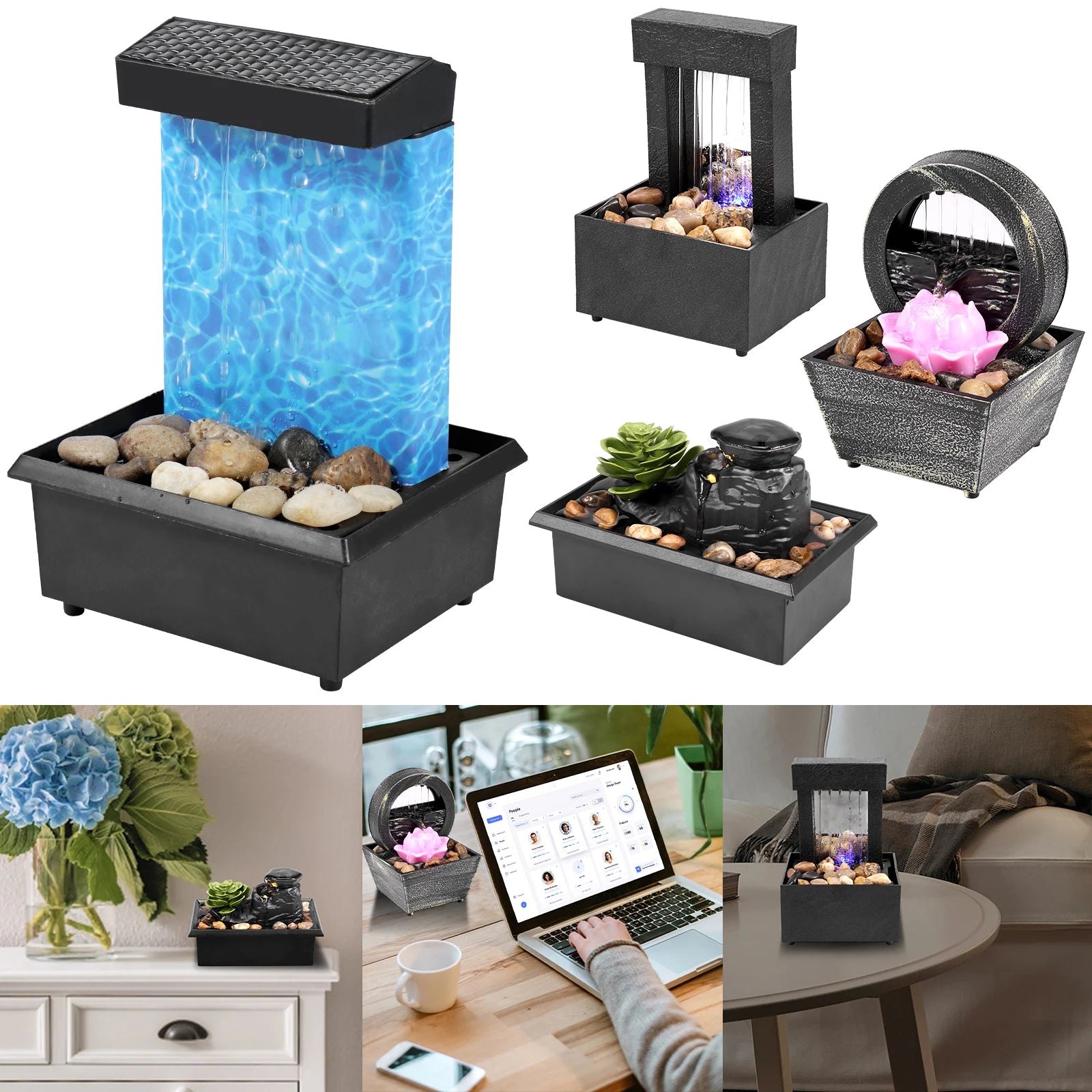 Tabletop Fountain with Light Battery/USB Operated Mini Desktop Waterfall Decoration Creative Flowing Water Fountain Ornaments