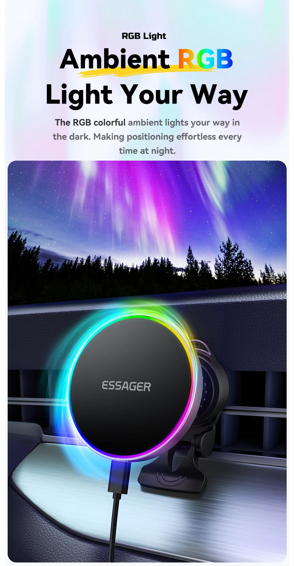 Essager RGB Magnetic Car Phone Holder Qi 15W Wireless Charger For iPhone16 15 14 13 Pro for Magsafe Universal Phone Holder Stand