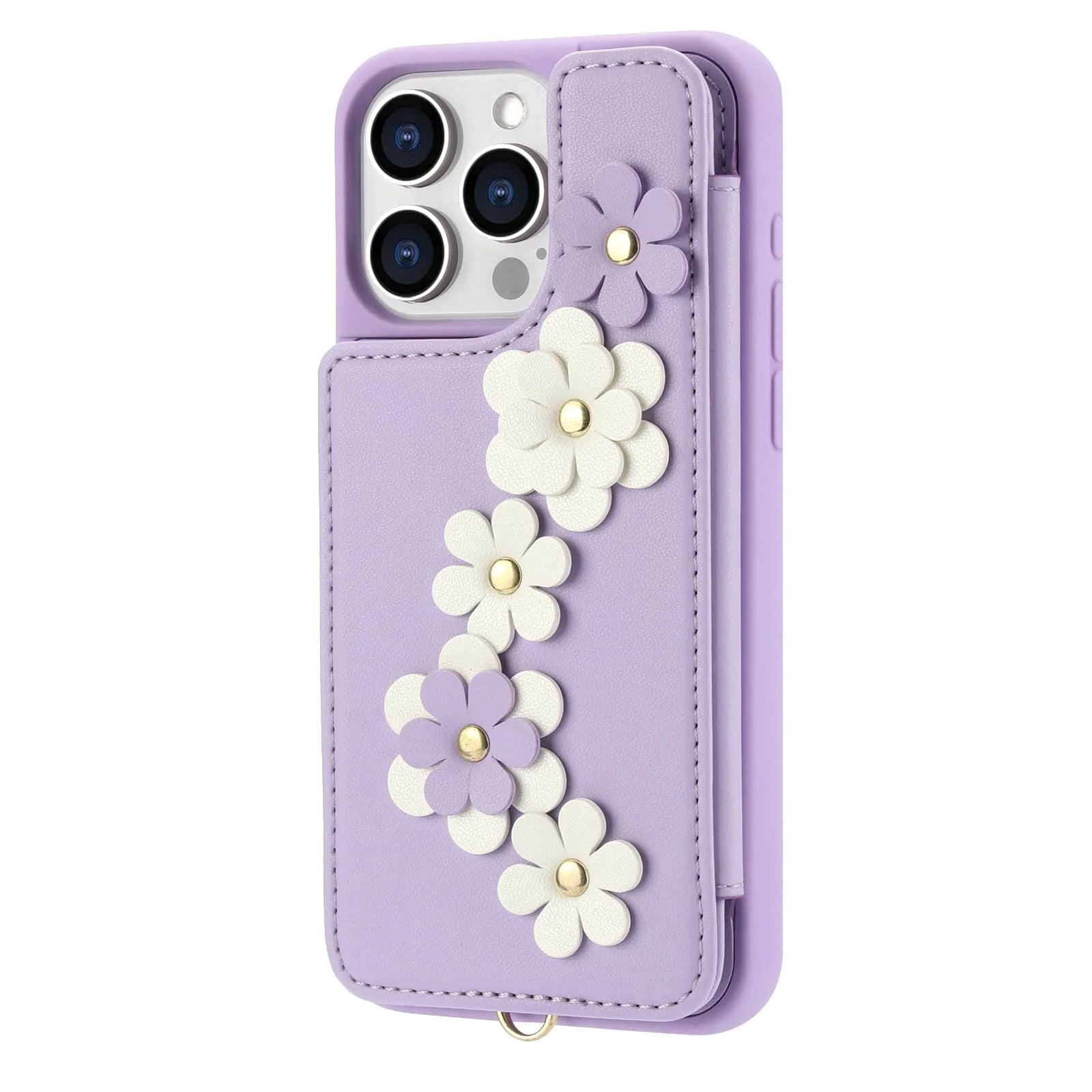 For iPhone 16 15 14 Pro Max Plus Case, Wallet with Card Holder, Cute Flower Design Crossbody Purse, Magnetic Kickstand Cover