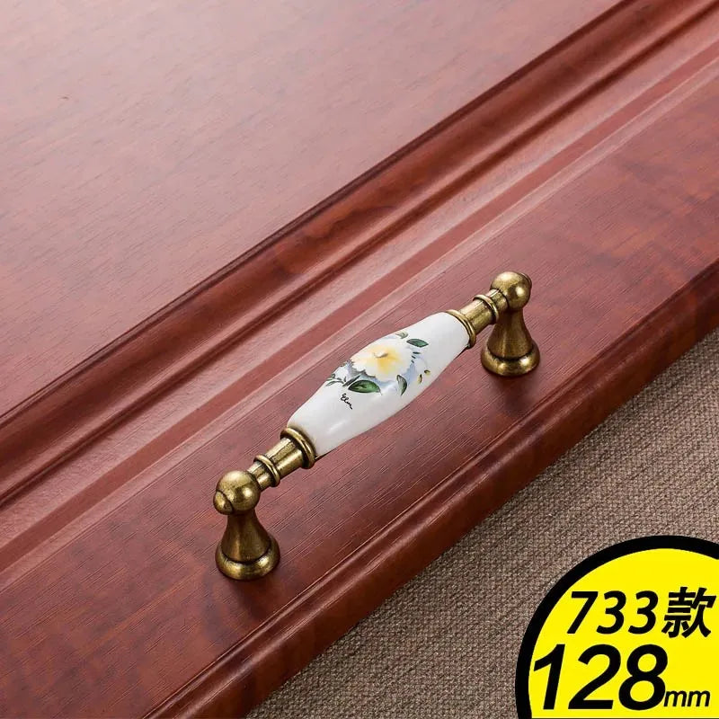 European Green Flower Ceramic Handles Kitchen Cabinet Storage Dressers Classic Wardrobe Cabinet Single Hole Closet Door Pulls