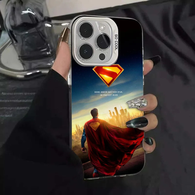 1PC Cartoon S-Superman Phone Case Phone Case IMD color silver shell For iPhone 16 15 14 13 12 11 Pro Max Plus