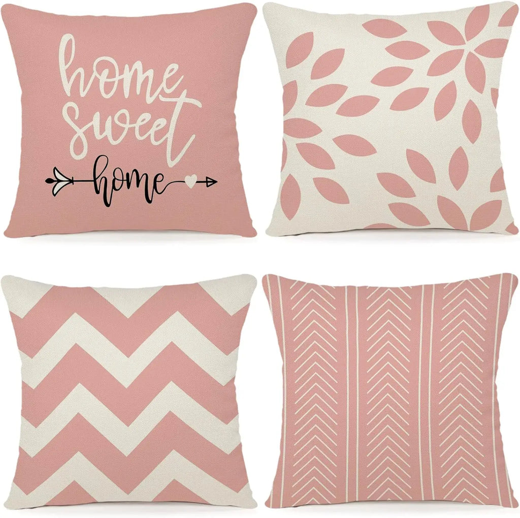 Pink Throw Pillows Cover Decoration Outdoor Linen Cushion Covers Decorative for Bedroom, Sofa, Chair, Bed, Garden