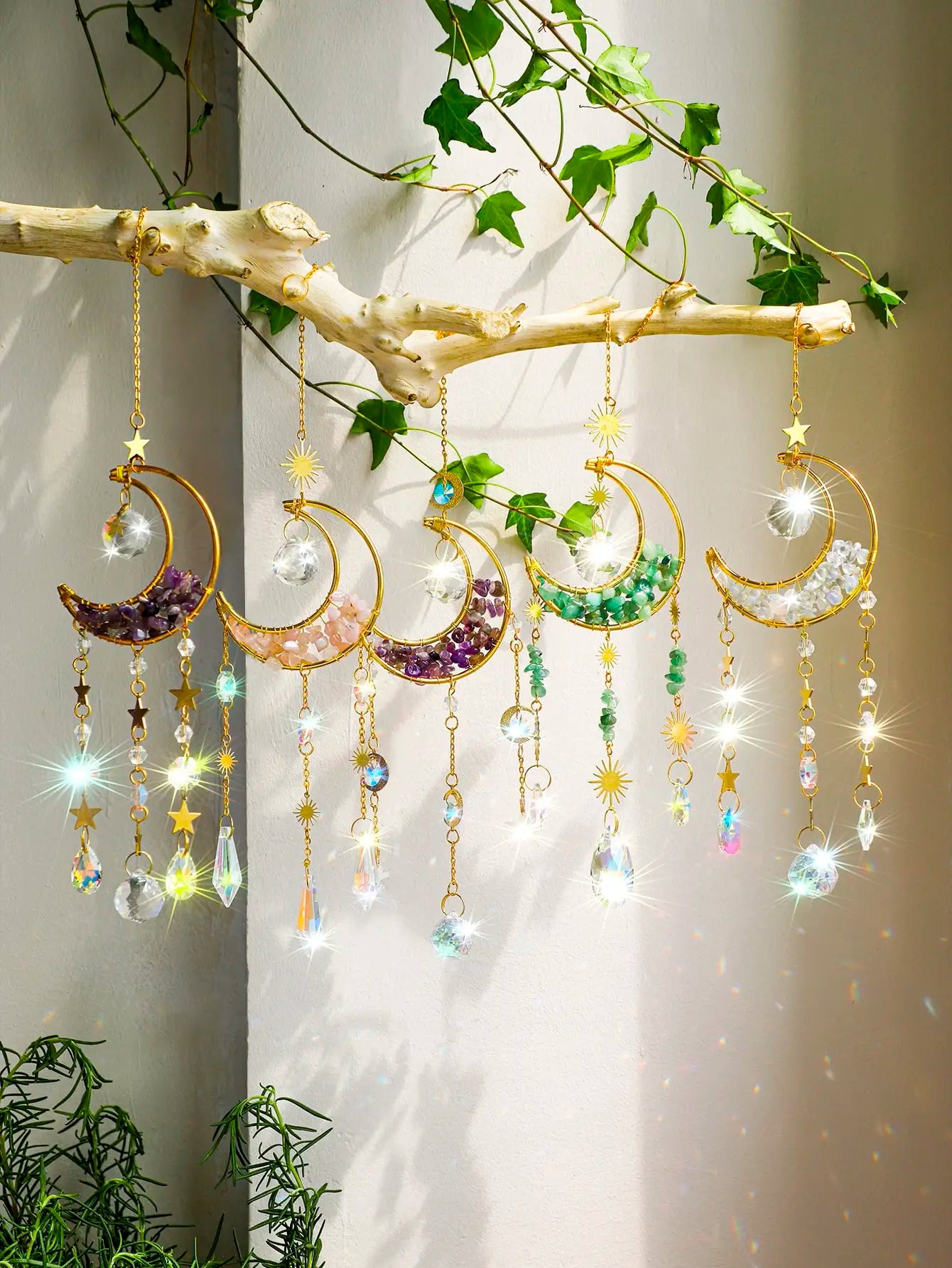 Natural Moon Crystal Suncatcher Ornament With Colorful Prism Pendant For Garden Patio Porch Balcony Window Home Decoration Gift